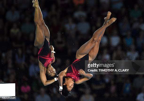 Yaima Mena and Annia Rivera of Cuba compete during the Women's Synchonised 10m Platform Finals at the Toronto 2015 Pan American Games in Toronto,...