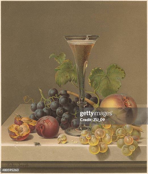stockillustraties, clipart, cartoons en iconen met still life, by helen r. searle (1830-1884), lithograph, published 1871 - stilleven
