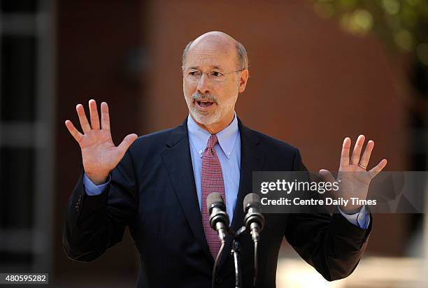 Gov. Tom Wolf speaks in front of Bellefonte Area High School on July 13, 2015 in Bellefonte, Pa. Gov. Wolf visited the school to talk about the...