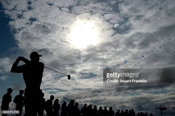 Tiger Woods of the United States plays a practice round ahead of the 144th Open Championship at The Old Course on July 13, 2015 in St Andrews,...
