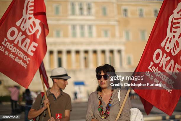 Protesters gather outside the Greek parliament to demonstrate against austerity after an agreement for a third bailout with eurozone leaders on July...