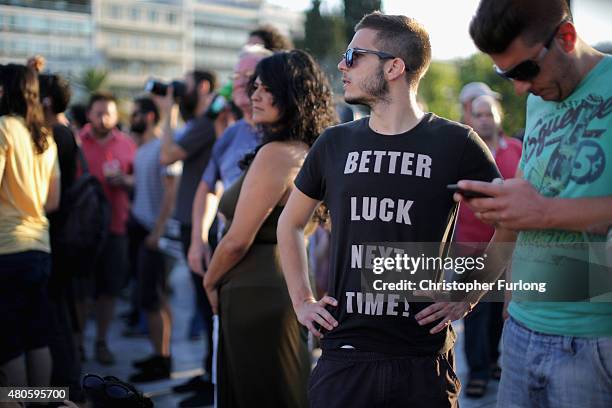 Protesters gather outside the Greek parliament to demonstrate against austerity after an agreement for a third bailout with eurozone leaders on July...