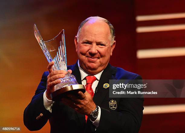 Mark O'Meara stands on stage as he is inducted into the World Golf Hall of Fame at St Andrews University on July 13, 2015 in St Andrews, Scotland.