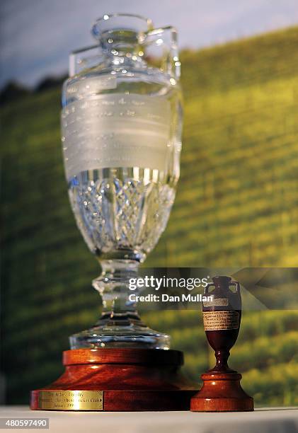 The Ashes Urn and The Waterford Crystal Ashes Trophy are displayed ahead of the 2nd Ashes Test Match at Lord's Cricket Ground on July 13, 2015 in...