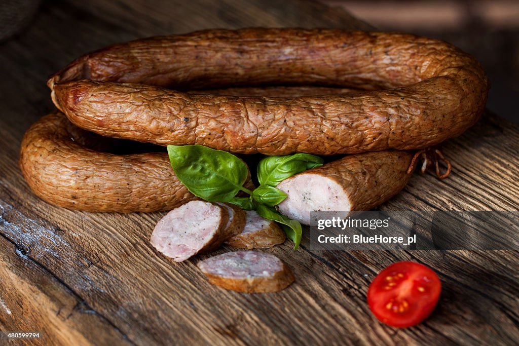 Traditional food. Smoked sausage.