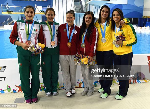 Bronze medalist Alejandra Orozco and Paola Espinosa of Mexico; Gold medalist Roseline Filion and Meaghan Benfeito of Canada and Silver medalist...