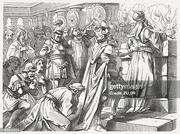 judas' sacrif on the newly altar (1 maccabees 4) - maccabi stock illustrations