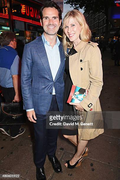 Jimmy Carr and wife Karoline Copping bow at the curtain call during the press night performance of "The Mentalists" at Wyndhams Theatre on July 13,...