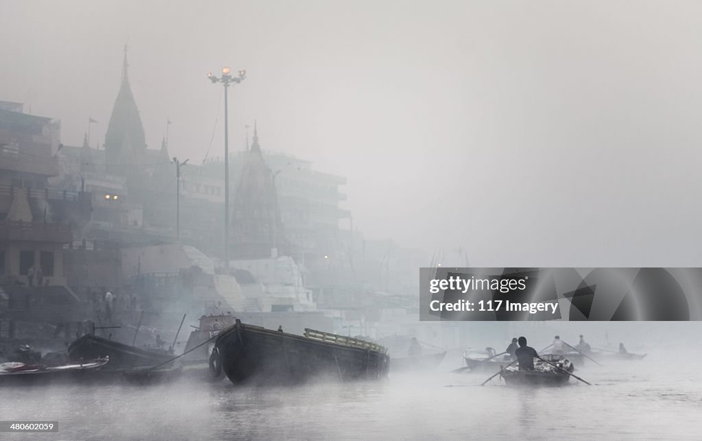 Misty winter morning on Ganges river in Varanasi