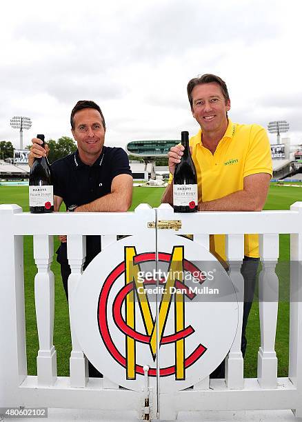 Former England Cricket Captain Michael Vaughan and Former Australian Cricketer Glenn McGrath pose ahead of the 2nd Ashes Test Match at Lord's Cricket...