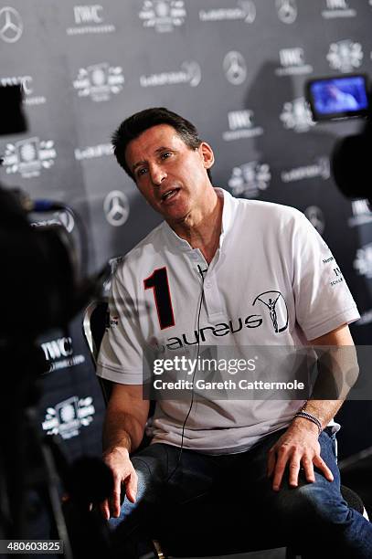 Laureus Academy member Lord Sebastian Coe is interviewed by the media at the Fifteen Years of Laureus Press Conference ahead of the 2014 Laureus...