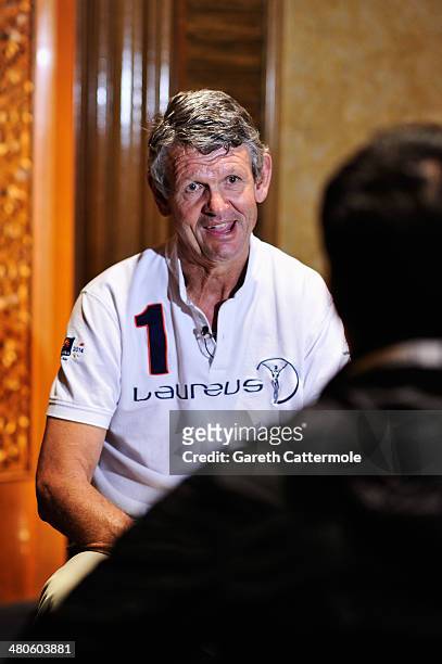 Laureus Academy member Morne du Plessis is interviewed by the media at the Fifteen Years of Laureus Press Conference ahead of the 2014 Laureus World...