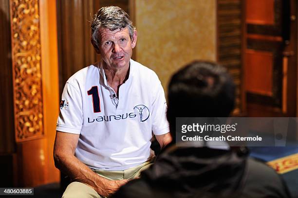 Laureus Academy member Morne du Plessis is interviewed by the media at the Fifteen Years of Laureus Press Conference ahead of the 2014 Laureus World...