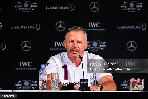 Laureus Academy member Sean Fitzpatrick speaks at the Fifteen Years of Laureus Press Conference ahead of the 2014 Laureus World Sports Awards at the...