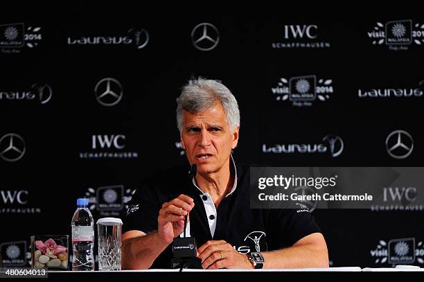 Laureus Academy Member Mark Spitz attends the Fifteen Years of Laureus Press Conference ahead of the 2014 Laureus World Sports Awards at the...