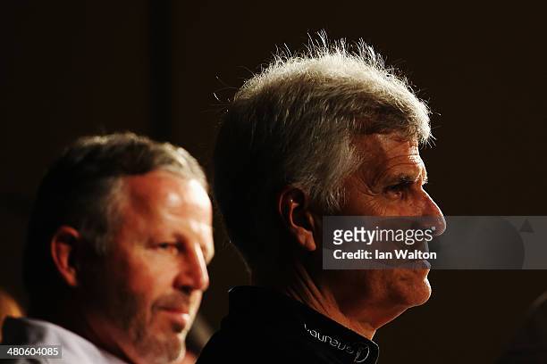 Laureus Academy Member Mark Spitz looks on at the Fifteen Years of Laureus Press Conference ahead of the 2014 Laureus World Sports Awards at the...