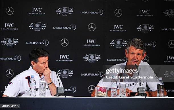 Laureus Academy members Lord Sebastian Coe and Morne du Plessis attend the Fifteen Years of Laureus Press Conference ahead of the 2014 Laureus World...