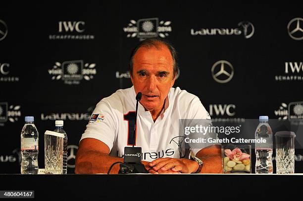 Laureus Academy member Hugo Porta speaks at the Fifteen Years of Laureus Press Conference ahead of the 2014 Laureus World Sports Awards at the...