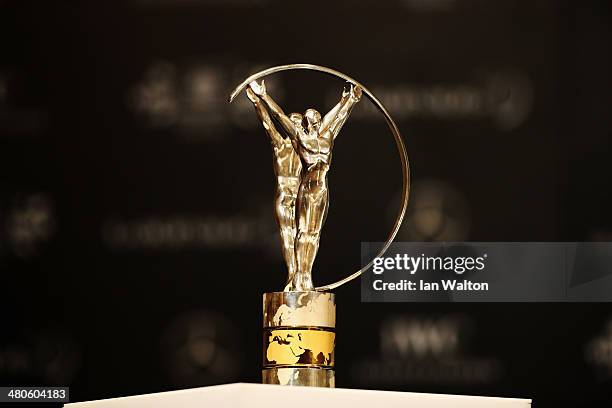 The Laureus trophy at the Fifteen Years of Laureus Press Conference ahead of the 2014 Laureus World Sports Awards at the Shangri-la Hotel on March...