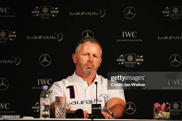 Laureus Academy member Sean Fitzpatrick looks on at the Fifteen Years of Laureus Press Conference ahead of the 2014 Laureus World Sports Awards at...