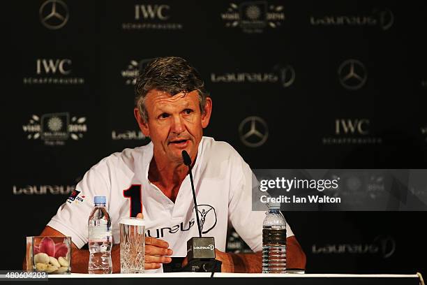Laureus Academy member Morne du Plessis speaks at the Fifteen Years of Laureus Press Conference ahead of the 2014 Laureus World Sports Awards at the...