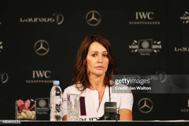 Laureus Academy member Nadia Comaneci speaks at the Fifteen Years of Laureus Press Conference ahead of the 2014 Laureus World Sports Awards at the...