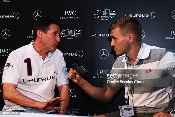 Laureus Academy member Lord Sebastian Coe is interviewed by the media at the Fifteen Years of Laureus Press Conference ahead of the 2014 Laureus...
