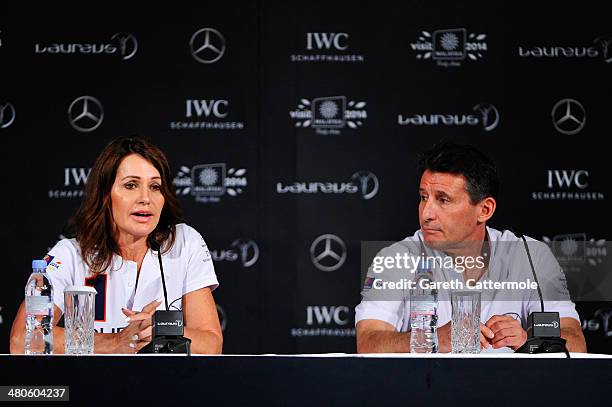 Laureus Academy member Nadia Comaneci speaks at the Fifteen Years of Laureus Press Conference ahead of the 2014 Laureus World Sports Awards at the...