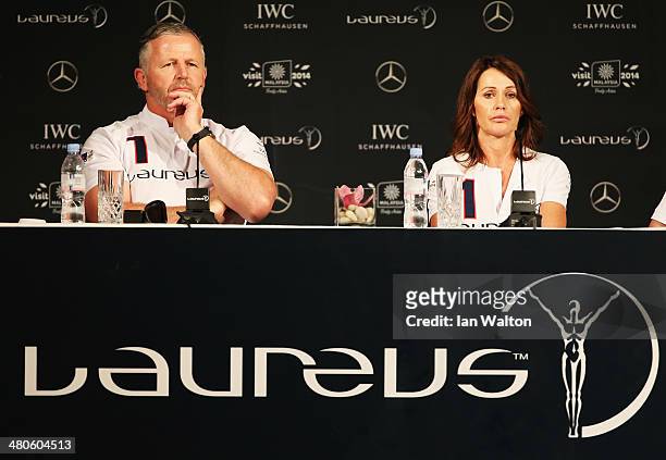 Laureus Academy Members Sean Fitzpatrick and Nadia Comaneci attend the Fifteen Years of Laureus Press Conference ahead of the 2014 Laureus World...