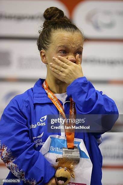 Eleanor Simmonds of Great Britain reacts after receiving her silver medal from the Women's 400m Freestyle S6 during Day One of The IPC Swimming World...