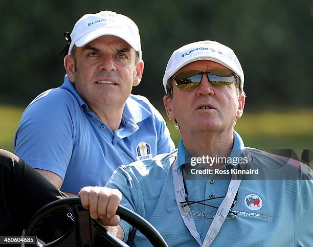 The Ryder Cup Captain, Paul McGinley of Ireland and Team Europe Vice-Captain Des Smyth of Ireland watch the action from a buggy during the pro-am...