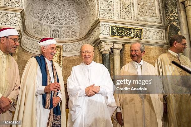 Tunisian President Beji Caid Essebsi attends a reading of the Sharif hadith during Laylat Al-Qadr at Al-Zaytuna Mosque in Tunis, Tunisia on July 13,...