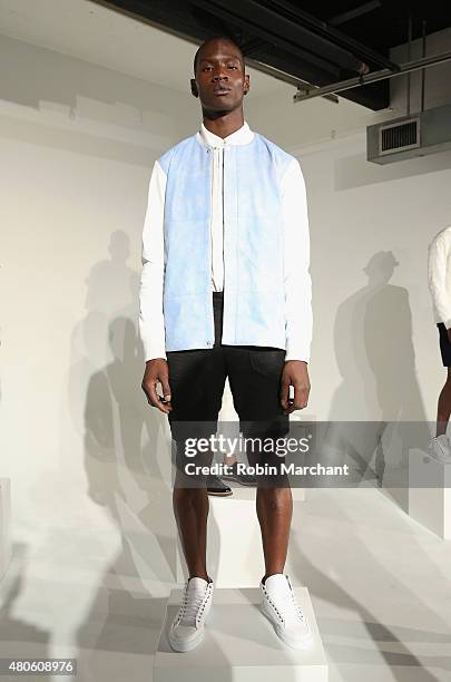 Model poses at Matiere Presentation during New York Fashion Week: Men's S/S 2016 at Industria Superstudio on July 13, 2015 in New York City.