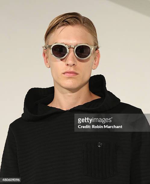 Model poses at Matiere Presentation during New York Fashion Week: Men's S/S 2016 at Industria Superstudio on July 13, 2015 in New York City.