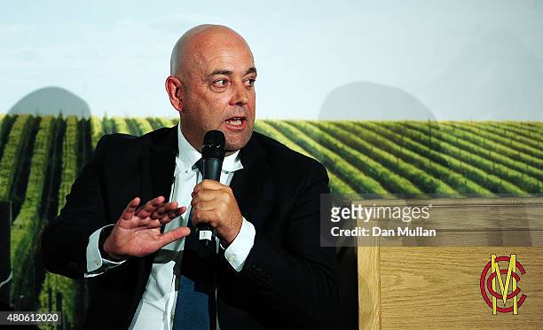 Darren Lehmann, Head Coach of Australia talks to dinner guests ahead of the 2nd Ashes Test Match at Lord's Cricket Ground on July 13, 2015 in London,...