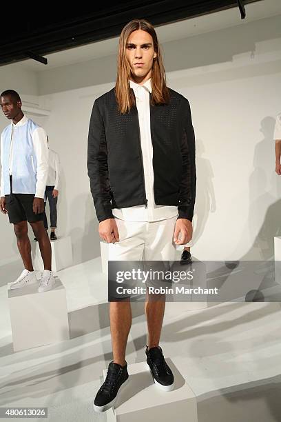 Model poses at Matiere Presentation during New York Fashion Week: Men's S/S 2016 at Industria Superstudio on July 13, 2015 in New York City.