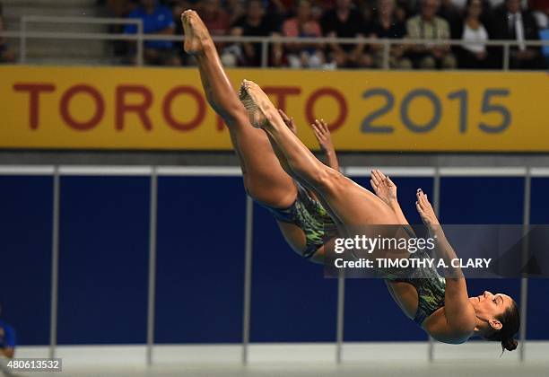 Tammy Galera and Juliana Veloso of Brazil compete during the Women's Synchronized 3m Springboard Finals at the Toronto 2015 Pan American Games in...