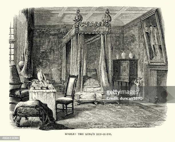 knole house - the king's bedroom - four poster bed stock illustrations