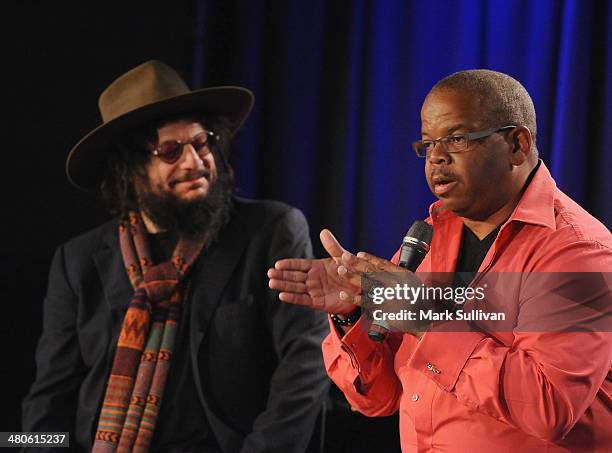 Blue Note president Don Was and musician Terence Blanchard onstage during Blue Note: The Finest In Jazz exhibit launch at The GRAMMY Museum on March...