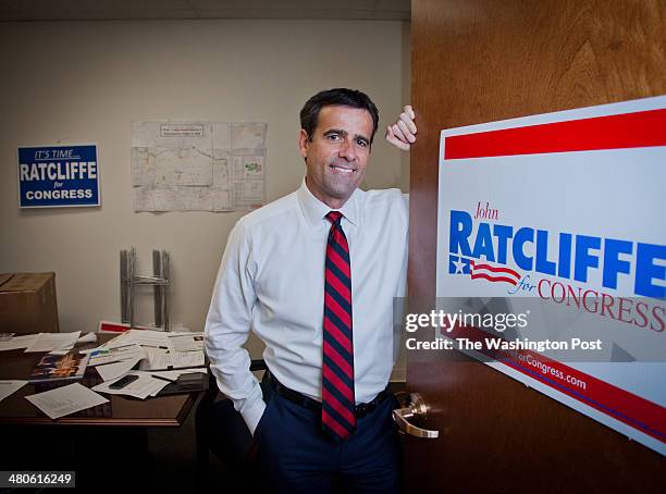 John Ratcliffe, who is running for Congress against Rep. Ralph Hall, poses at his campaign headquarters inside an office building in Heath, Texas on...