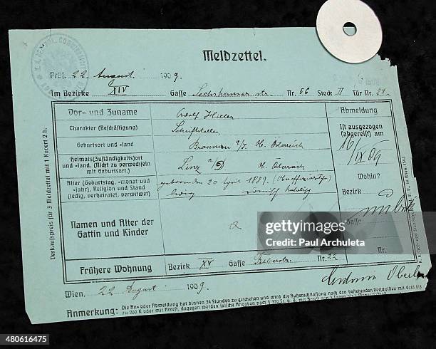 Adolf Hitler police document to be auctioned off by Nate D. Sanders Auctions is seen on March 25, 2014 in Los Angeles, California.