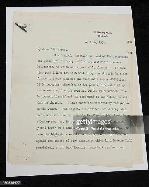 Winston Churchill's resignation letter to be auctioned off by Nate D. Sanders Auctions is seen on March 25, 2014 in Los Angeles, California.