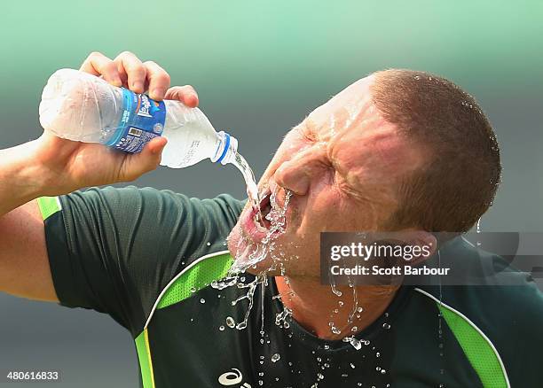Brad Haddin of Australia cools down during an Australian ICC World Twenty20 Bangladesh 2014 training session at Khan Saheb Osman Ali Stadium on March...