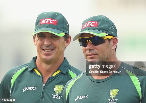 Brad Hogg and Brad Hodge of Australia look on during an Australian ICC World Twenty20 Bangladesh 2014 training session at Khan Saheb Osman Ali...