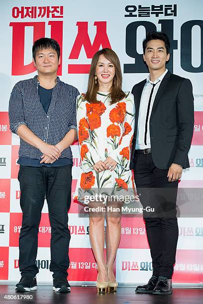 Director Kang Hyo-Jin, actors Uhm Jung-Hwa and Song Seung-Heon attend the press conference for "Miss Wife" at MEGA Box on July 13, 2015 in Seoul,...