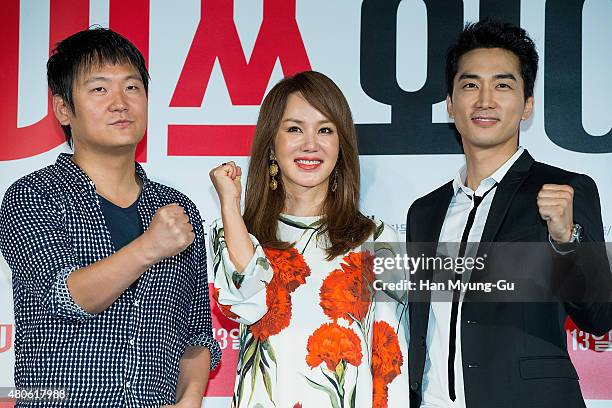 Director Kang Hyo-Jin, actors Uhm Jung-Hwa and Song Seung-Heon attend the press conference for "Miss Wife" at MEGA Box on July 13, 2015 in Seoul,...