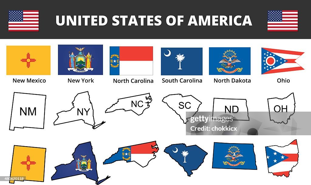 Six of USA state flags and maps