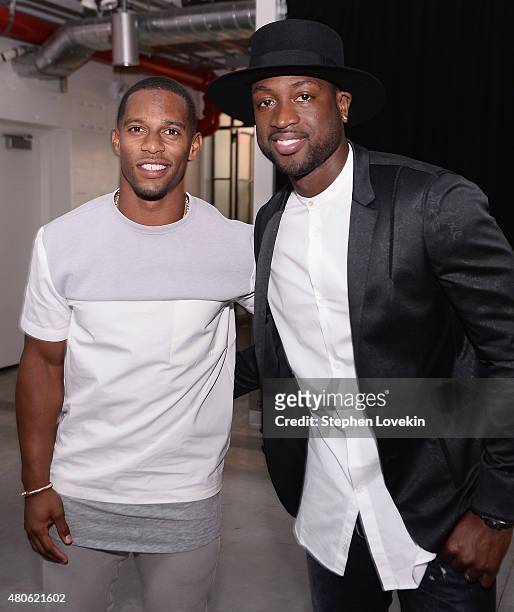 Victor Cruz and Dwyane Wade attend New York Men's Fashion Week kick off party hosted by Amazon Fashion and CFDA at Amazon Imaging Studio on July 13,...