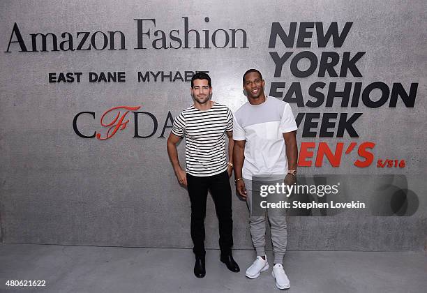 Jesse Metcalf and Victor Cruz attend New York Men's Fashion Week kick off party hosted by Amazon Fashion and CFDA at Amazon Imaging Studio on July...