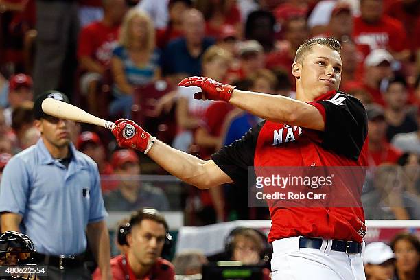 National League All-Star Joc Pederson Los Angeles Dodgers bats during the Gillette Home Run Derby presented by Head & Shoulders at the Great American...